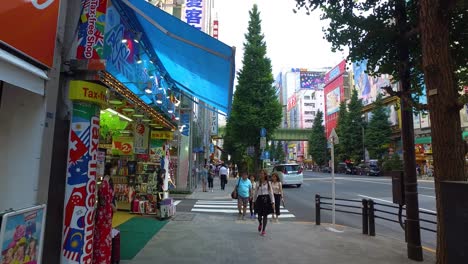 POV-walking,-Crowds-pass-below-colorful-signs-in-Akihabara
