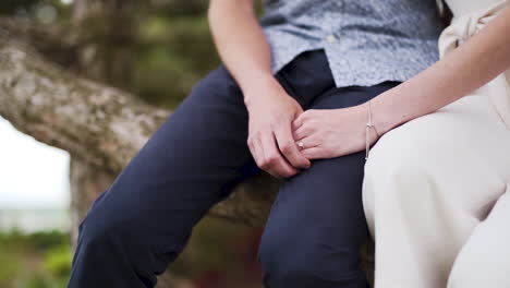 Pareja-Joven-Tomándose-De-La-Mano-En-Un-árbol-En-Un-Hermoso-Parque