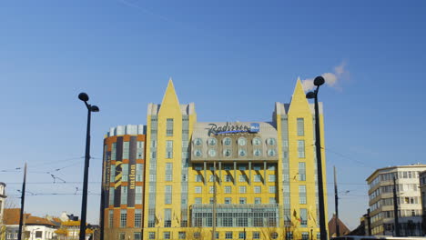 First-view-when-exiting-the-Antwerp-Central-Station,-luxury-hotel-and-Aquatopia