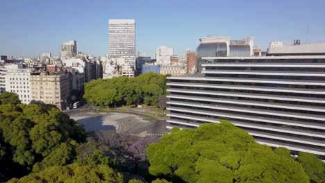 Aerial-rising-revealing-Plaza-San-Martin-building-and-Buenos-Aires-city