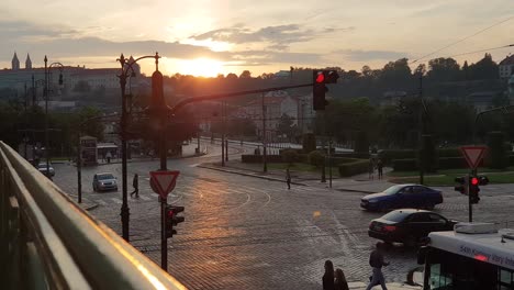 Prague-traffic,-square-at-sunset