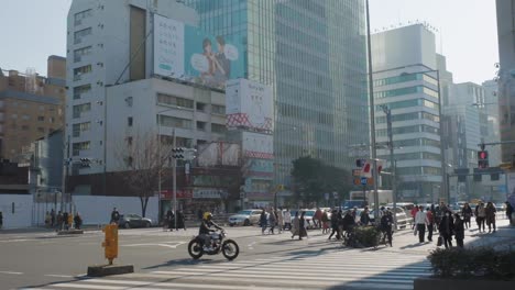 Vehicles-and-pedestrians-crossing-the-street-in-downtown-Tokyo,-Japan