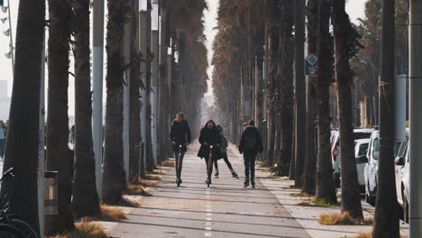 Two-girls-on-an-electric-scooter-in-between-a-beautiful-avenue-of-trees-in-barcelona,-spain