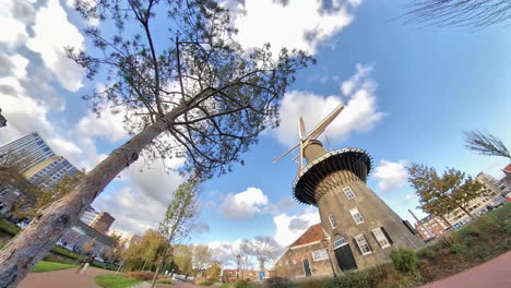 Fischaugenaufnahme-Von-Unten-Nach-Oben-Mit-Blauem-Himmel,-Fahrendem-Radfahrer-Und-Windmühle-Im-Hintergrund-An-Einem-Sonnigen-Tag