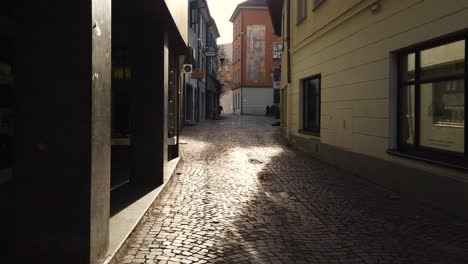 Eine-Kleine-Gefährliche-Gasse-Aus-Stein-Vor-Langer-Zeit-Mit-Sonnenschein-Und-Gebäude-In-Feldkirch,-Österreich