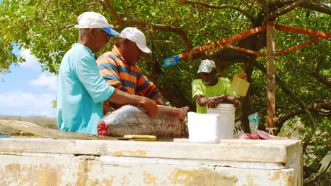 Pescadores-Locales-Limpiando-Un-Pez-Espada-Grande-Recién-Capturado-Con-Un-Cuchillo-Shrrf-En-Willemstad,-Curacao