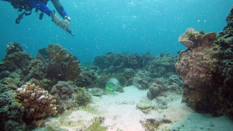 Taucher-Hebt-Entsorgte-Plastikflasche-Auf-Sandigem-Meeresboden-Unter-Wasser-Auf