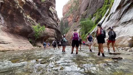 Touristen-Wandern-Durch-Wasser-Auf-Der-Narrows-Wanderung-Im-Zion-Nationalpark