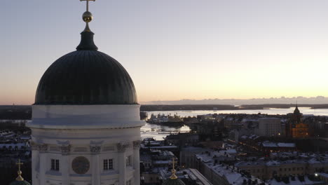 Drone-view-of-the-dome-of-the-Helsinki-cathedral-at-sunset