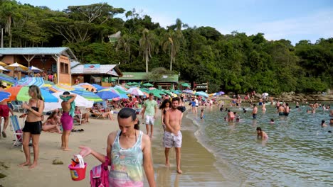 Dolly-in-of-people-enjoying-the-summer-day-by-the-sea-near-the-forest-in-Praia-da-Sepultura-beach,-Brazil