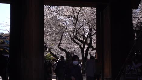 Crowds-wearing-facemasks-walking-through-door-at-Yasukuni-Shrine-in-Japan