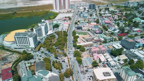 Victoria-Island-Lagos,-Nigeria---24-June-2021:-Drone-view-of-the-biggest-hotel-in-Lagos-Nigeria---Eko-hotels-and-suites