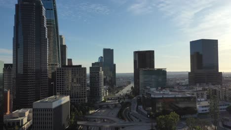 Traffic-At-Freeway-Passing-By-Financial-District-Of-Downtown-Los-Angeles-In-California,-USA