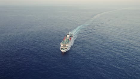 Aerial-view,-large-roro-ferry,-volcan-de-taburiente-at-sea,-Tenerife,-dawn