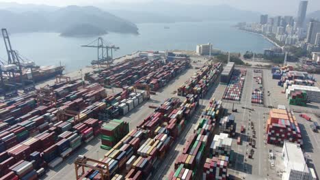 Shenzhen-commercial-Port-terminal-with-docked-Ships-and-Container-yard,-Aerial-view