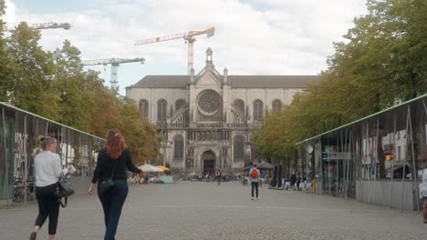 Busy-Square-of-Saint-Catherine-in-Brussels,-Belgium-on-a-warm-summer-day-during-the-Covid-19-Pandemic