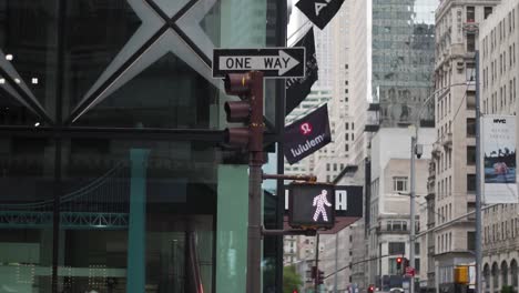 "-One-way-"-sign-and-pedestrian-light,-buildings-on-the-background