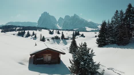 Wiese-Mit-Hütte-Und-Bergblick-Im-Winter