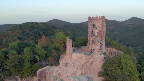 Aerial-view---drone-shot-of-the-Drachenfels-Castle-Siebengebirge-near-Bonn-during-sunset