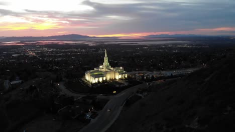 Drone-footage-of-beautiful-building-at-sunset