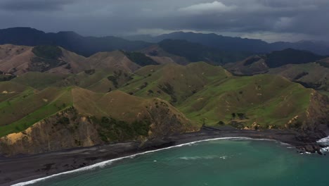 Hilly-coastline-new-zealand-west-coast-aerial-view-from-a-drone-4k