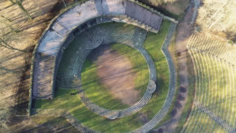 Rotating-birds-view-of-historic-open-air-theater-in-Heidelberg-Germany-in-the-early-morning