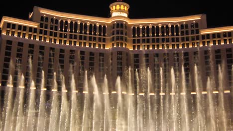 Slow-motion-of-water-spouts-moving-simultaneously-in-front-of-well-lighted-Bellagio-Hotel-circa-March-2019