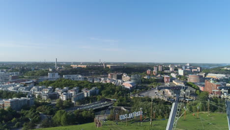 Drone-footage-of-ski-venue-on-a-beautiful-summer-day-in-Stockholm