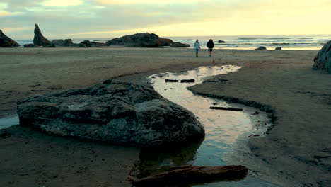 Ein-Paar-Mit-Zwei-Hunden-Macht-In-Den-Abendstunden-Des-Sonnenuntergangs-Einen-Abendspaziergang-Am-Strand-Von-Bandon