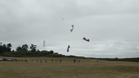 Cuatro-Personas-Volando-Cometas-Acrobáticas-Altamente-Maniobrables-En-Coordinación-En-Un-Día-Nublado-Y-Ventoso-En-Un-Campo-De-Hierba-En-Fort-Casey