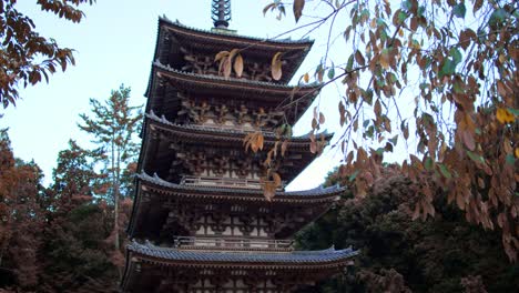 Tall-temple-surrounded-by-trees-in-the-autumn-season-in-Kyoto,-Japan-soft-lighting-slow-motion-4K