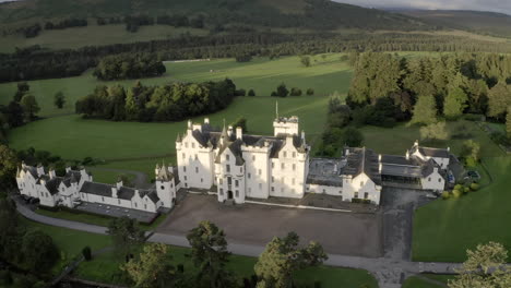 An-aerial-view-of-Blair-Castle-at-dawn,-near-Blair-Atholl-in-Perthshire,-Scotland