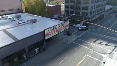 Historic-aerial-footage-of-Powell’s-Books-in-Portland,-Oregon-with-empty-streets-due-to-COVID-19