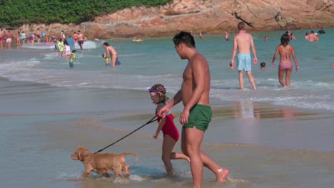 Menschen-Genießen-Den-Nachmittag-Am-Strand-Von-Repulse-Bay-Mit-Ihren-Hunden-In-Hongkong,-Während-Die-öffentlichen-Strände-Nach-Monatelanger-Schließung-Aufgrund-Des-Coronavirus-Ausbruchs-Wieder-Für-Die-Öffentlichkeit-Geöffnet-Werden