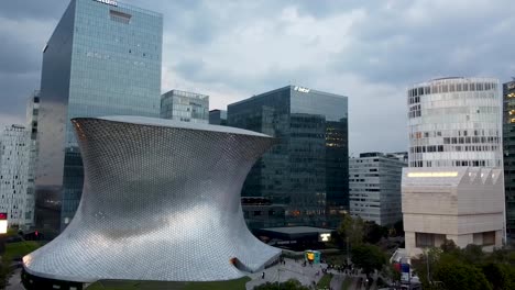 Aerial-view-of-museum-Soumaya-and-museum-Jumex-in-Polanco,-Mexico-City