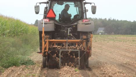 Eine-Rodemaschine-Hinter-Einem-Traktor-Pflückt-Zwiebeln-Aus-Dem-Boden-Und-Legt-Die-Ernte-In-Eine-Linie,-Die-Leicht-Geerntet-Werden-Kann