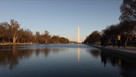 Vista-De-Lapso-De-Tiempo-De-ángulo-Bajo-Del-Monumento-A-Washington-Y-Reflejo-En-La-Piscina-Reflectante-Del-Monumento-A-Lincoln