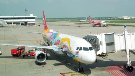 Landscape-view-in-the-Donmuang-international-airport-in-Bangkok-Thailand-with-airplane-parking-the-airport