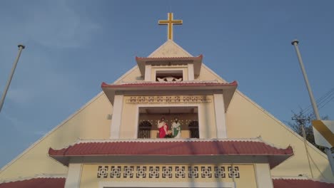 A-stabilized-architectural-shot-of-the-facade-of-the-Thu-Thiem-Catholic-Church-in-district-2-of-Ho-Chi-Minh-City-aka-Saigon,-Vietnam-on-a-beautiful-clear-sunny-afternoon