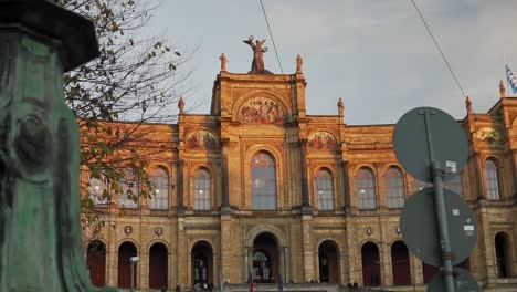 Reveal-shot-of-Maximilianeum,-Building-of-the-bavarian-Parliament-at-sunset,-Munich,-Bavaria,-Germany,-Sunset-light