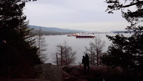 Menschen-Erkunden-Wälder,-Während-Vor-Ihnen-Frachtschiffe-In-Den-Hafen-Einlaufen,-Totale