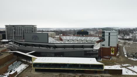 Low-Angle-Aerial-View-of-Kinnick-Stadium,-Home-to-The-University-of-Iowa-Hawkeyes