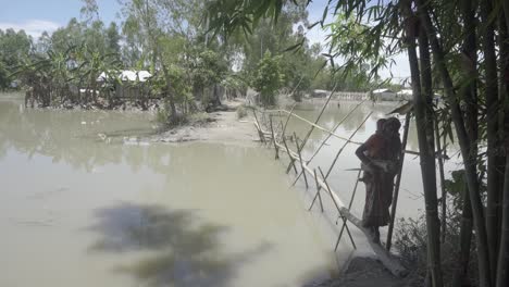 Una-Mujer-Pasa-Por-Un-Puente-De-Bambú-Con-Su-Hijo-En-La-Espalda-Después-De-Una-Inundación