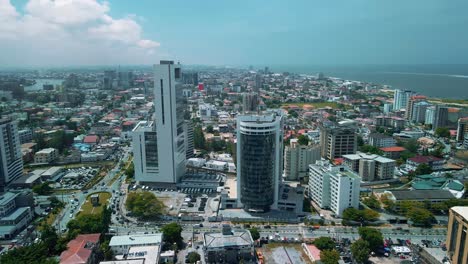 Victoria-Island-Lagos,-Nigeria---24-June-2021:-Drone-view-of-major-roads-and-traffic-in-Victoria-Island-Lagos-showing-the-cityscape,-offices-and-residential-buildings