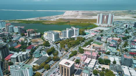 Victoria-Island-Lagos,-Nigeria---24-June-2021:-Drone-view-of-the-biggest-hotel-in-Lagos-Nigeria---Eko-hotels-and-suites