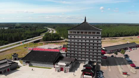 High-Angle-Shot-of-Dragon-Gate-Unfinished-Business-and-Cultural-Center-in-Sweden,-Aerial-View