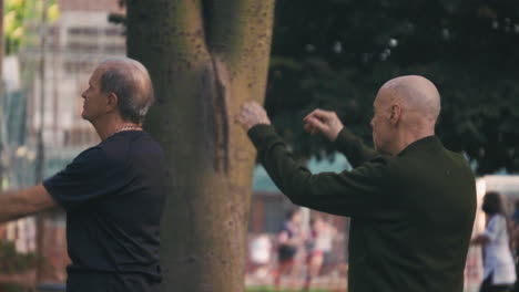 Old-Men-Perform-Regular-Exercises-To-Stay-Healthy-And-Fit-At-Parque-Las-Heras,-Palermo,-Buenos-Aires,-Argentina