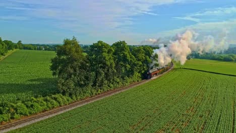 Paisaje-Aéreo-De-Tierras-De-Cultivo-Y-Un-Motor-De-Vapor-Antiguo-Pasa-A-Través-De-Los-Campos-De-Maíz-Con-Una-Vista-Desplegable-En-Una-Mañana-De-Principios-De-Verano