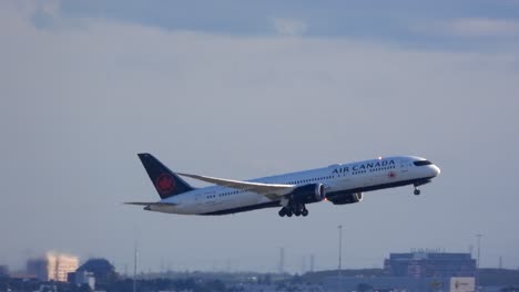 Flugzeugstart-Der-Air-Canada-Airlines,-Schwenk,-Bewölkter-Himmel