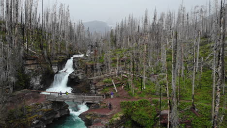 Aerial-View-of-Scenic-Waterfalls-in-Glacier-National-Park,-Montana-USA